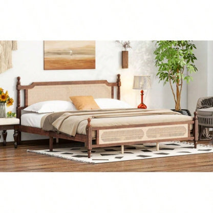 King Pine wooden Bed with Rattan Headboard and Footboard, with Central Enhanced Bed Platform, Walnut
