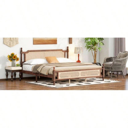 King Pine wooden Bed with Rattan Headboard and Footboard, with Central Enhanced Bed Platform, Walnut