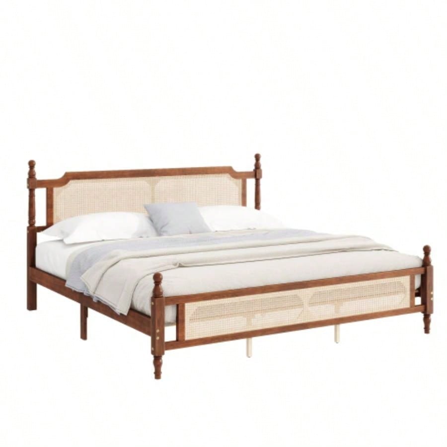 King Pine wooden Bed with Rattan Headboard and Footboard, with Central Enhanced Bed Platform, Walnut