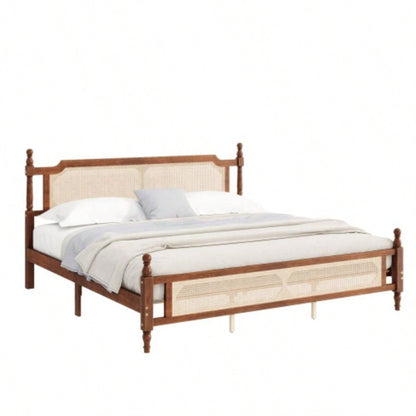 King Pine wooden Bed with Rattan Headboard and Footboard, with Central Enhanced Bed Platform, Walnut