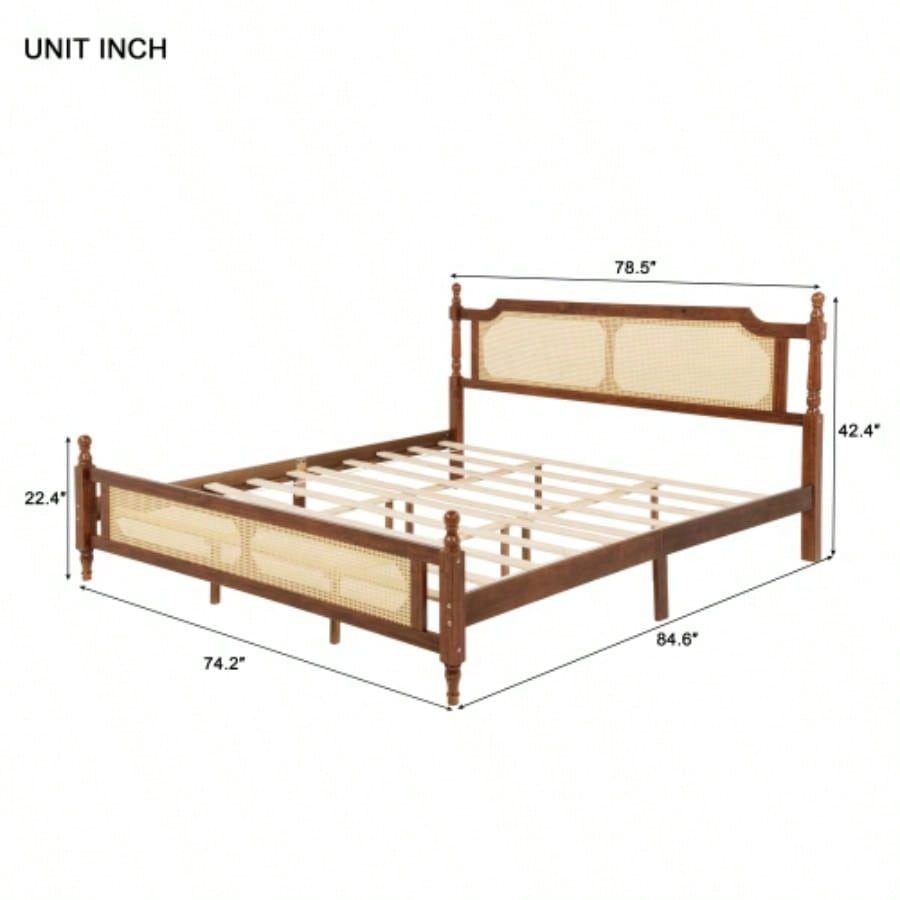 King Pine wooden Bed with Rattan Headboard and Footboard, with Central Enhanced Bed Platform, Walnut