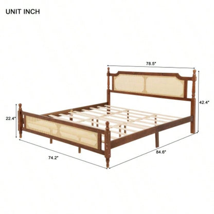 King Pine wooden Bed with Rattan Headboard and Footboard, with Central Enhanced Bed Platform, Walnut
