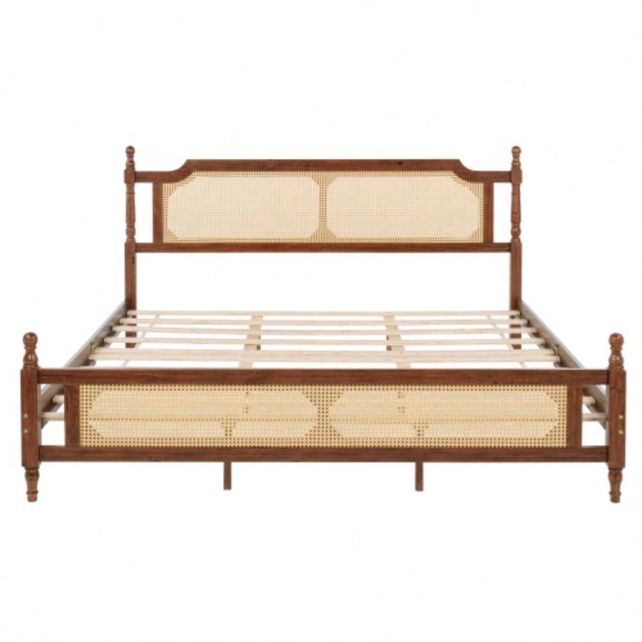 King Pine wooden Bed with Rattan Headboard and Footboard, with Central Enhanced Bed Platform, Walnut