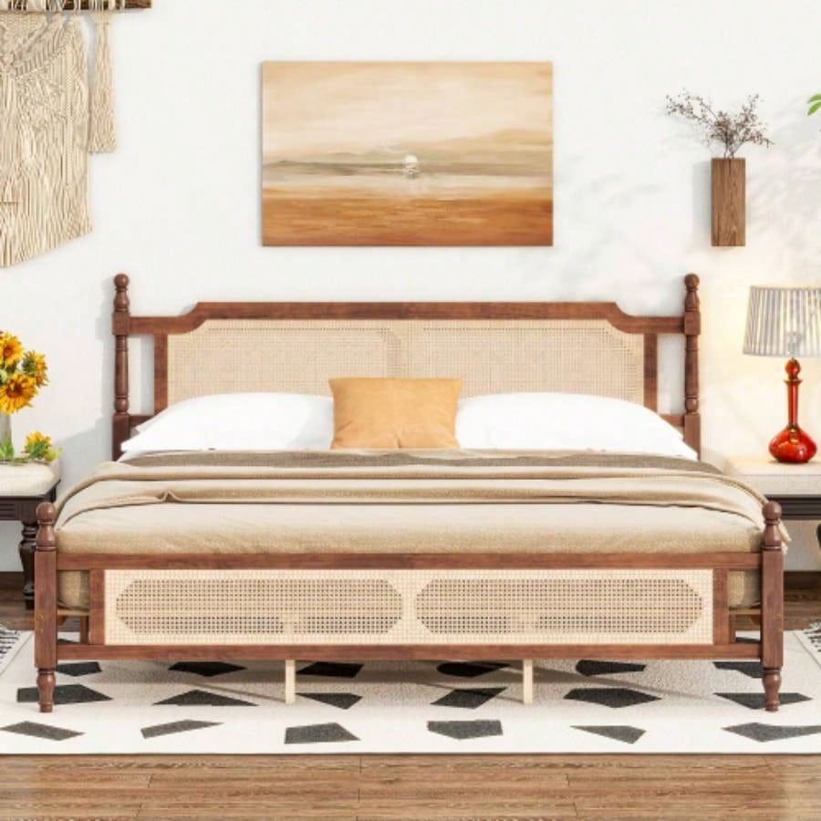 King Pine wooden Bed with Rattan Headboard and Footboard, with Central Enhanced Bed Platform, Walnut