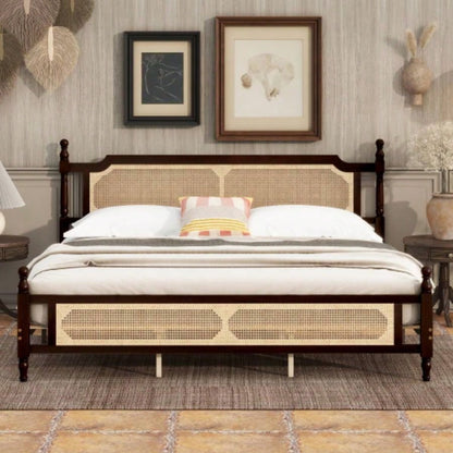 King Pine wooden Bed with Rattan Headboard and Footboard, with Central Enhanced Bed Platform, Walnut