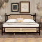 King Pine wooden Bed with Rattan Headboard and Footboard, with Central Enhanced Bed Platform, Walnut