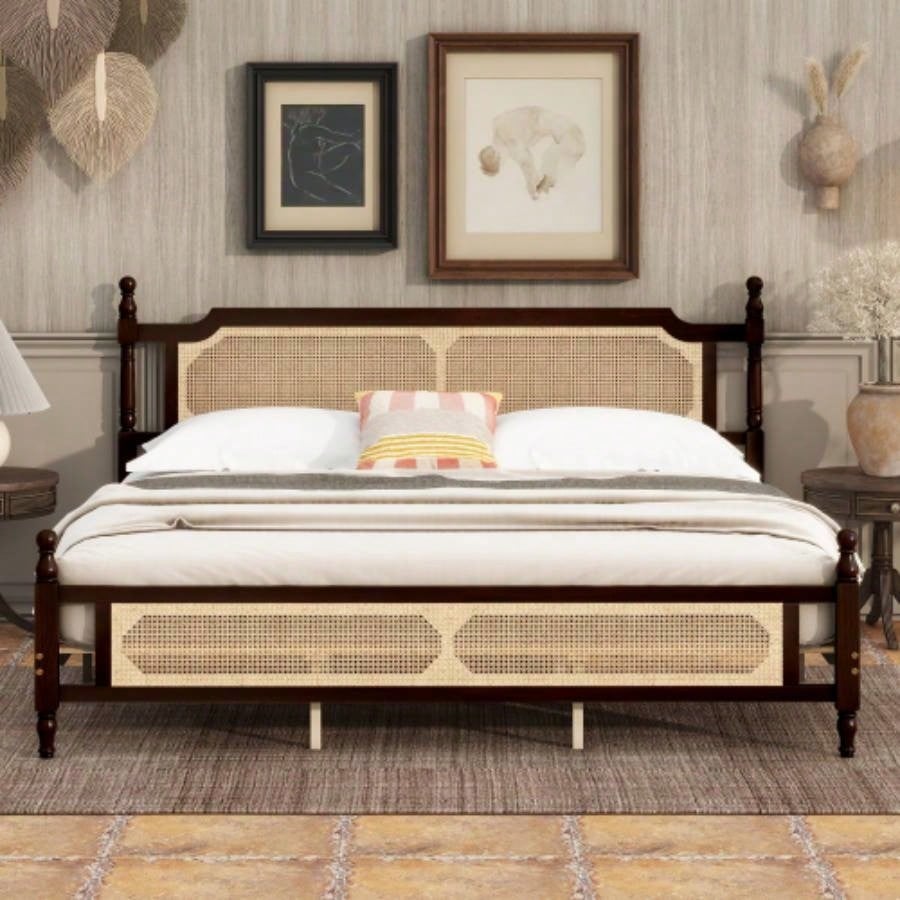 King Pine wooden Bed with Rattan Headboard and Footboard, with Central Enhanced Bed Platform, Walnut