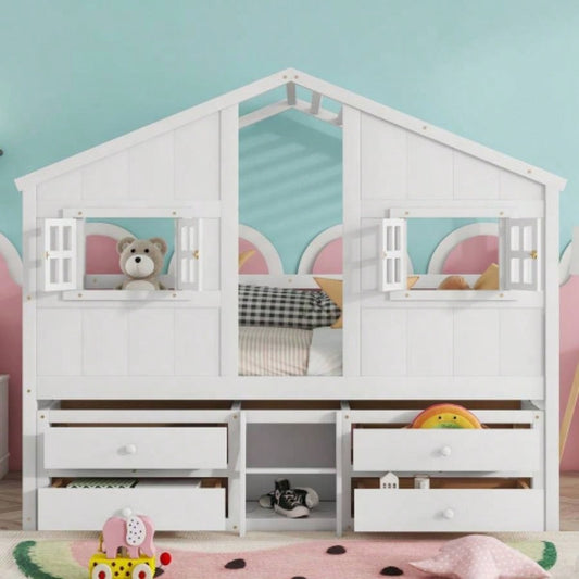 Full Size House Loft Bed with Roof, 4 Storage Drawers, Pine Wooden Bed with Safety Guardrails, Ladder, White