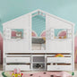 Full Size House Loft Bed with Roof, 4 Storage Drawers, Pine Wooden Bed with Safety Guardrails, Ladder, White