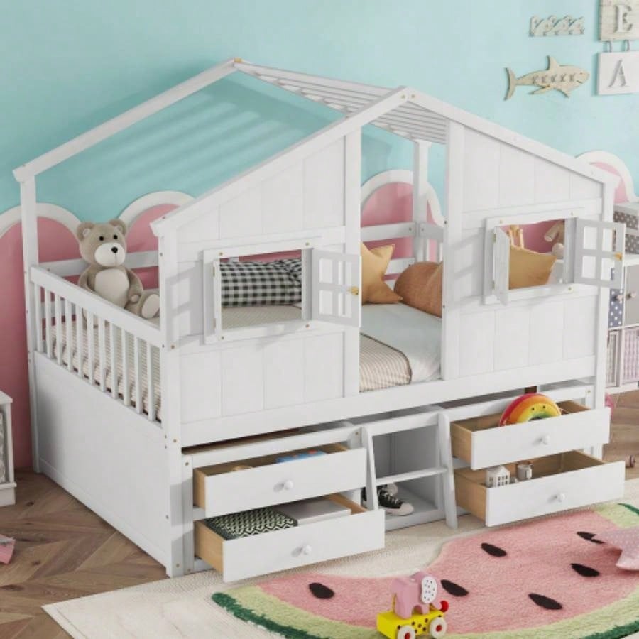 Full Size House Loft Bed with Roof, 4 Storage Drawers, Pine Wooden Bed with Safety Guardrails, Ladder, White