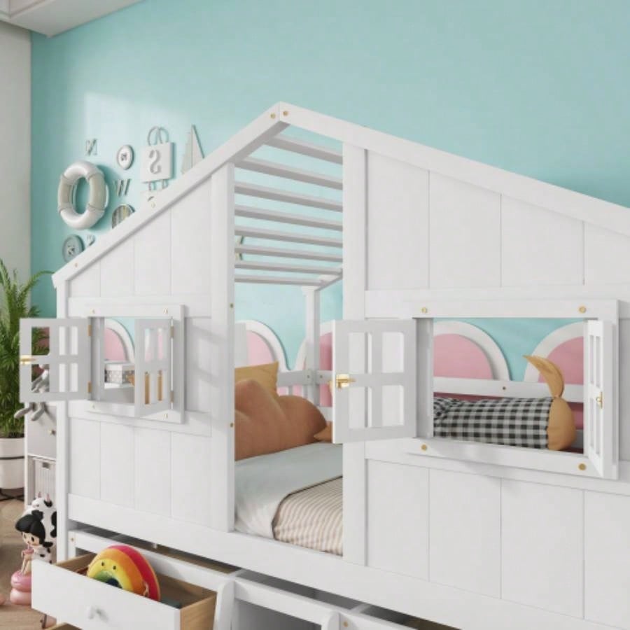 Full Size House Loft Bed with Roof, 4 Storage Drawers, Pine Wooden Bed with Safety Guardrails, Ladder, White