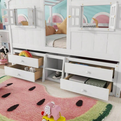 Full Size House Loft Bed with Roof, 4 Storage Drawers, Pine Wooden Bed with Safety Guardrails, Ladder, White