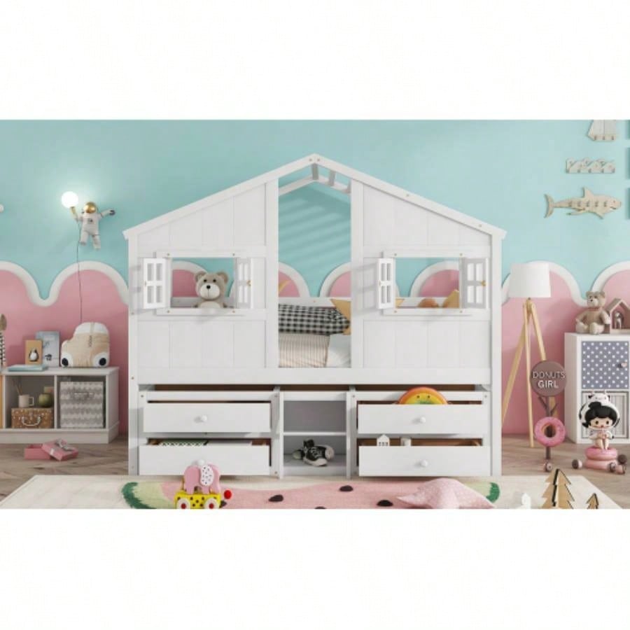 Full Size House Loft Bed with Roof, 4 Storage Drawers, Pine Wooden Bed with Safety Guardrails, Ladder, White