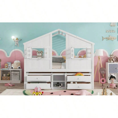 Full Size House Loft Bed with Roof, 4 Storage Drawers, Pine Wooden Bed with Safety Guardrails, Ladder, White