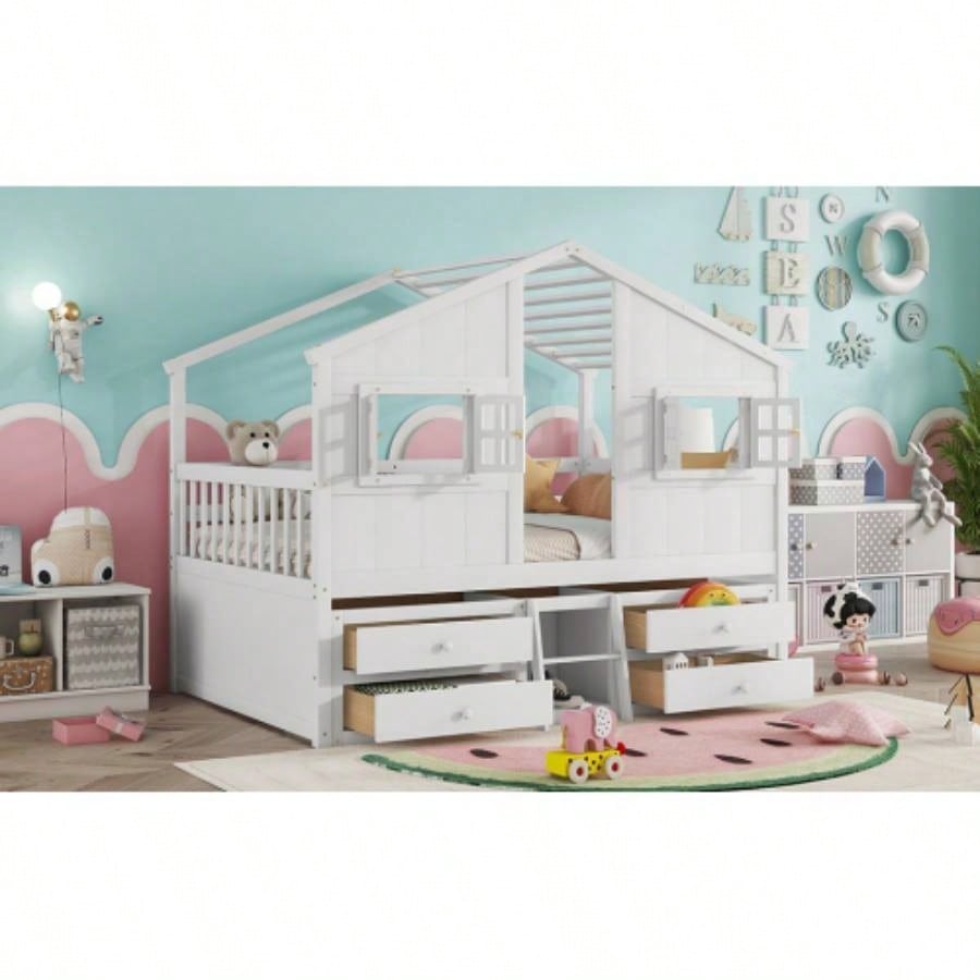 Full Size House Loft Bed with Roof, 4 Storage Drawers, Pine Wooden Bed with Safety Guardrails, Ladder, White