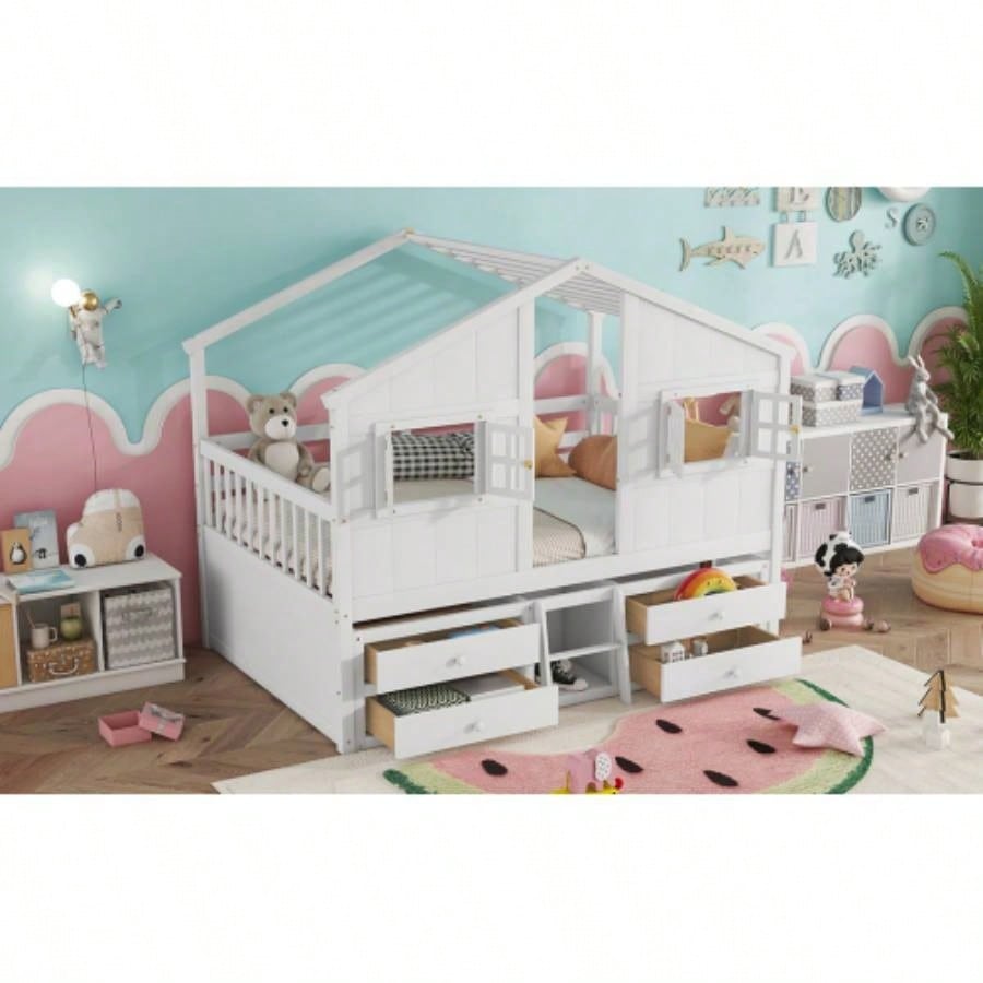 Full Size House Loft Bed with Roof, 4 Storage Drawers, Pine Wooden Bed with Safety Guardrails, Ladder, White