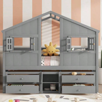Full Size House Loft Bed with Roof, 4 Storage Drawers, Pine Wooden Bed with Safety Guardrails, Ladder, White