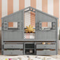 Full Size House Loft Bed with Roof, 4 Storage Drawers, Pine Wooden Bed with Safety Guardrails, Ladder, White