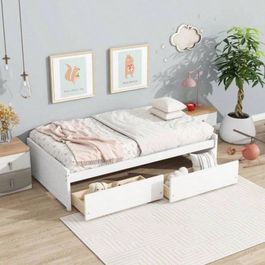 Twin Size Bed with 2 Drawers, Solid Rubber Wood Bed, White