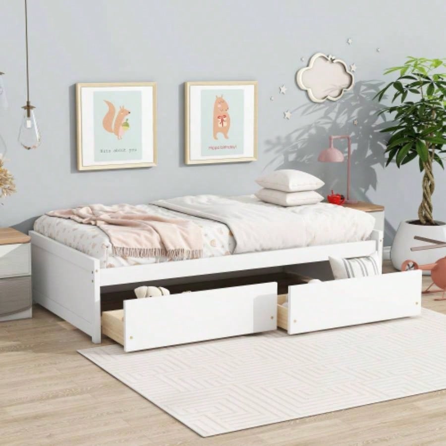 Twin Size Bed with 2 Drawers, Solid Rubber Wood Bed, White
