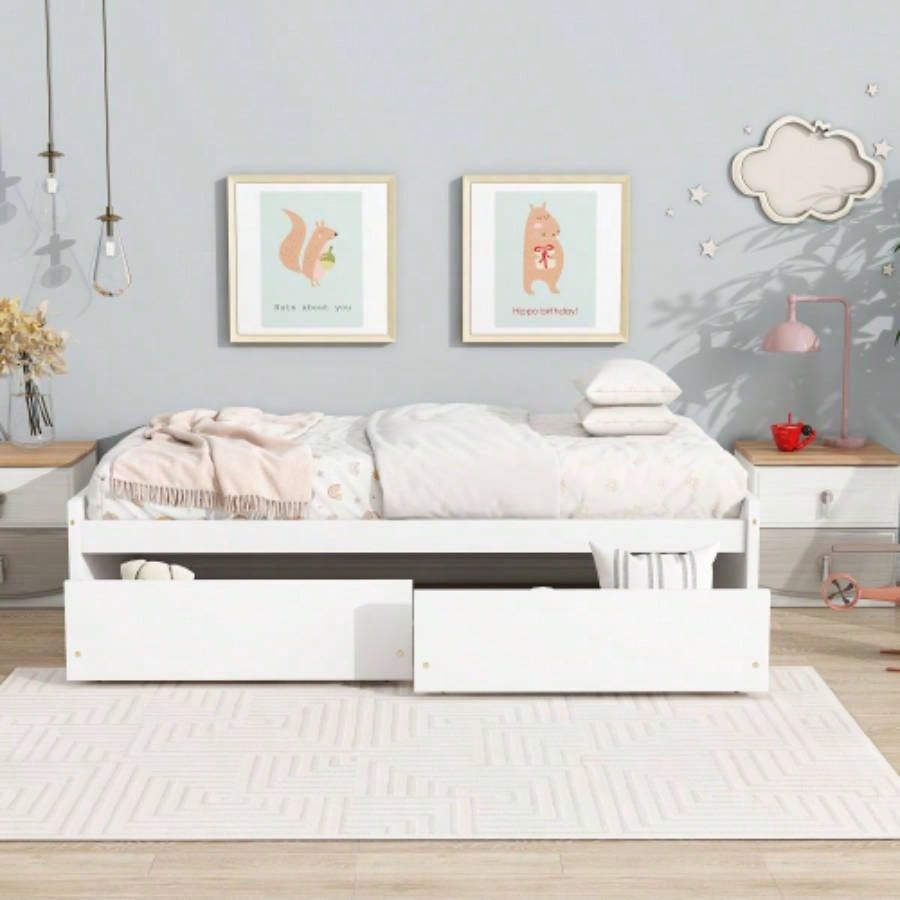 Twin Size Bed with 2 Drawers, Solid Rubber Wood Bed, White
