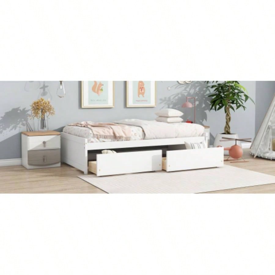 Twin Size Bed with 2 Drawers, Solid Rubber Wood Bed, White
