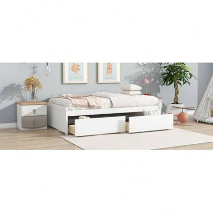 Twin Size Bed with 2 Drawers, Solid Rubber Wood Bed, White