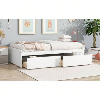 Twin Size Bed with 2 Drawers, Solid Rubber Wood Bed, White