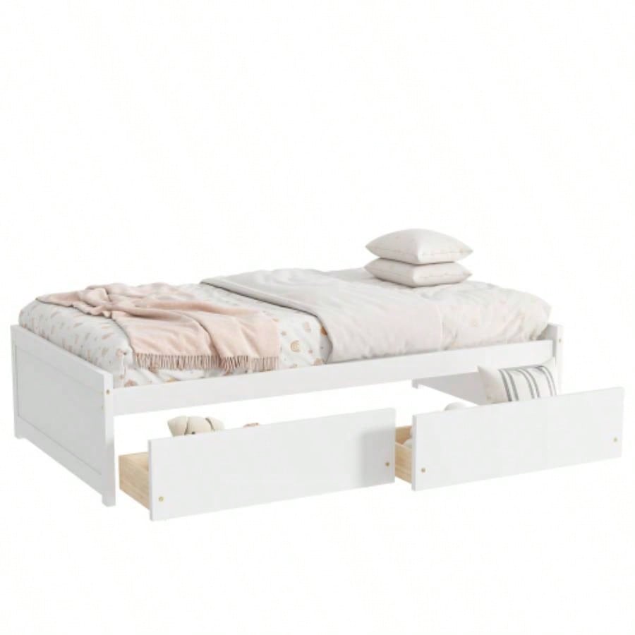 Twin Size Bed with 2 Drawers, Solid Rubber Wood Bed, White