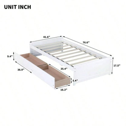 Twin Size Bed with 2 Drawers, Solid Rubber Wood Bed, White