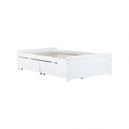 Twin Size Bed with 2 Drawers, Solid Rubber Wood Bed, White