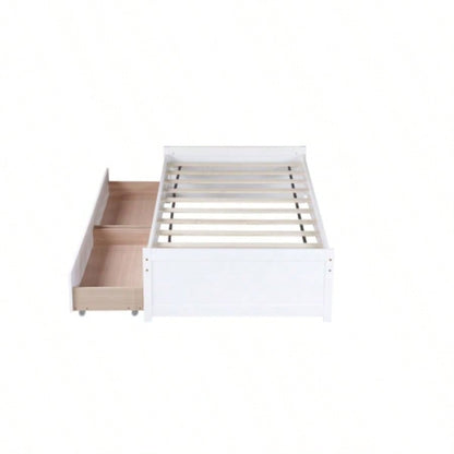 Twin Size Bed with 2 Drawers, Solid Rubber Wood Bed, White