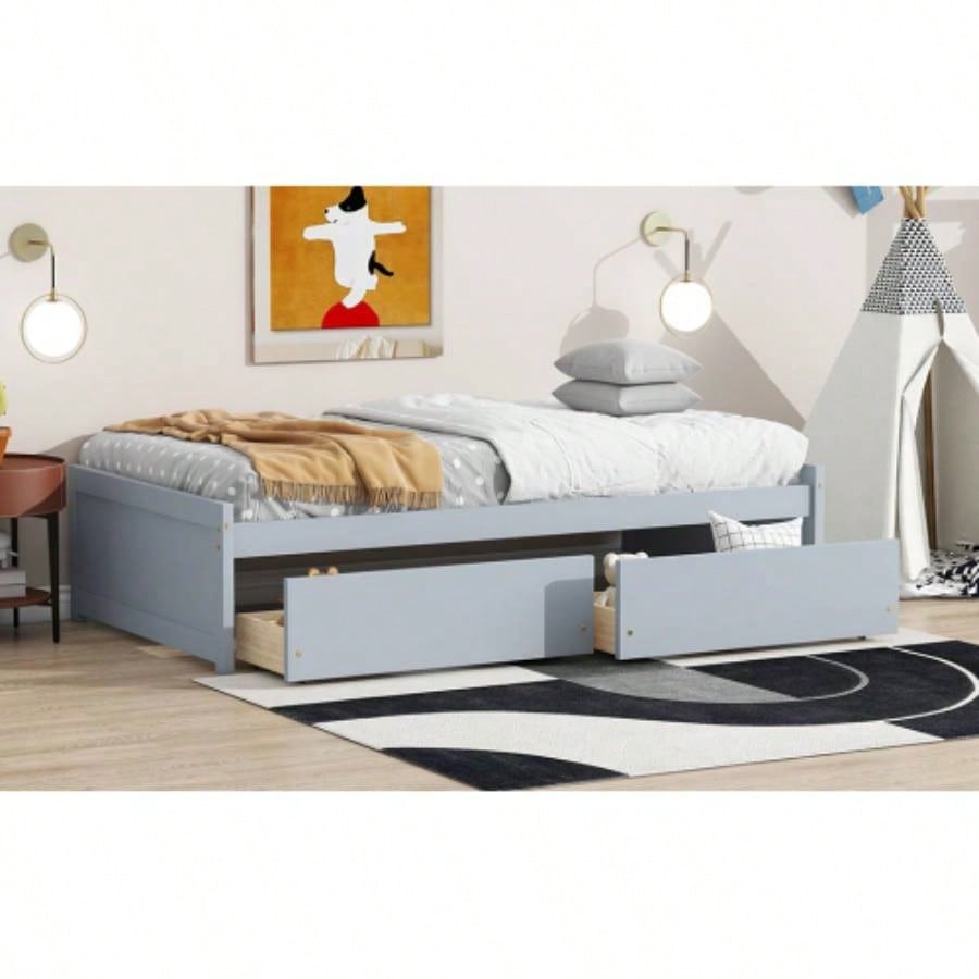 Twin Size Bed with 2 Drawers, Solid Rubber Wood Bed, White