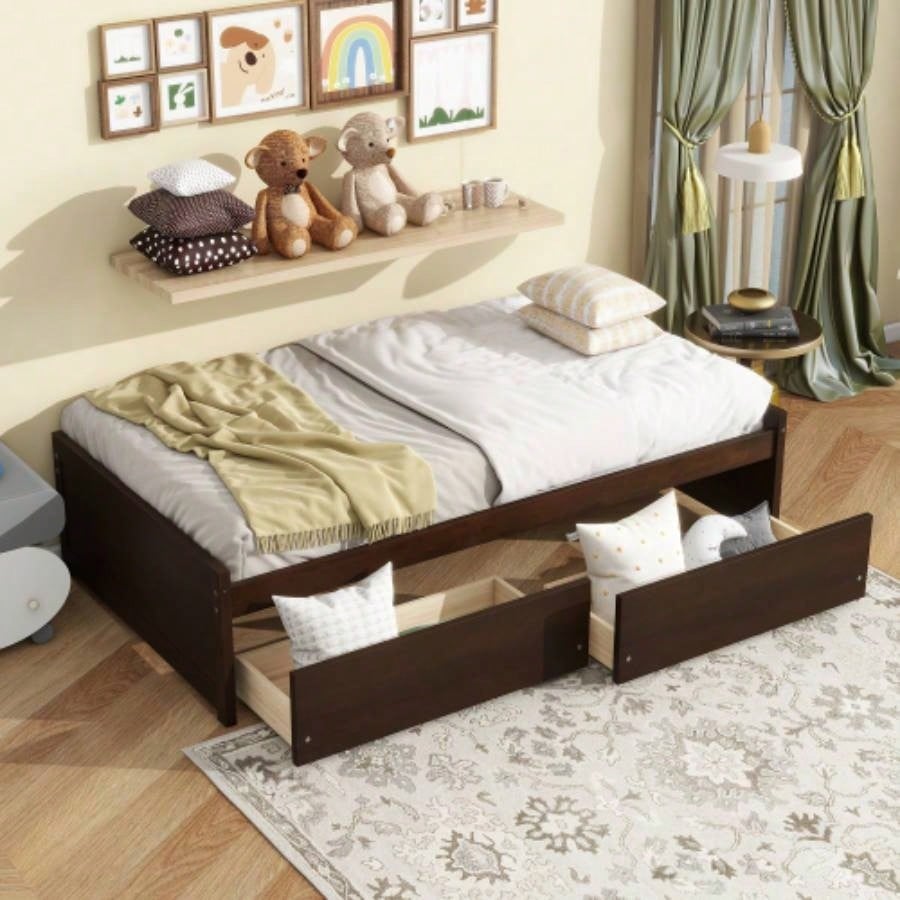 Twin Size Bed with 2 Drawers, Solid Rubber Wood Bed, White