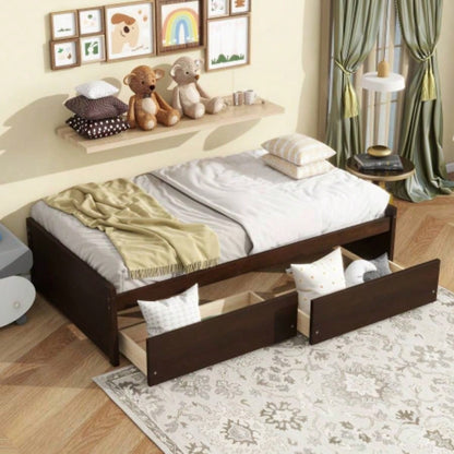 Twin Size Bed with 2 Drawers, Solid Rubber Wood Bed, White