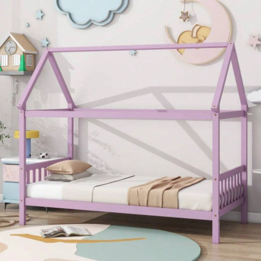 Twin House Bed with Headboard and Footboard, Twin Rubber Wood Bed with House Frame, Pink