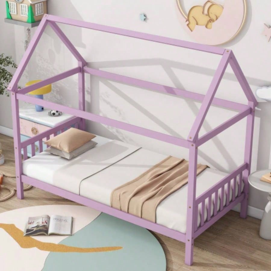 Twin House Bed with Headboard and Footboard, Twin Rubber Wood Bed with House Frame, Pink