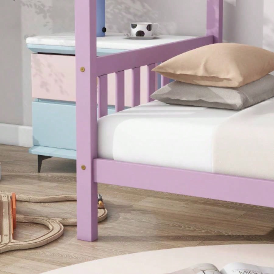 Twin House Bed with Headboard and Footboard, Twin Rubber Wood Bed with House Frame, Pink