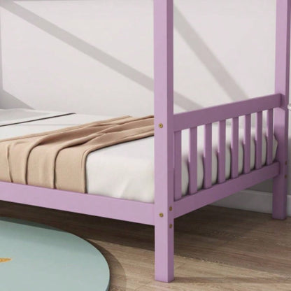 Twin House Bed with Headboard and Footboard, Twin Rubber Wood Bed with House Frame, Pink