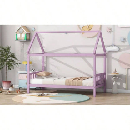 Twin House Bed with Headboard and Footboard, Twin Rubber Wood Bed with House Frame, Pink
