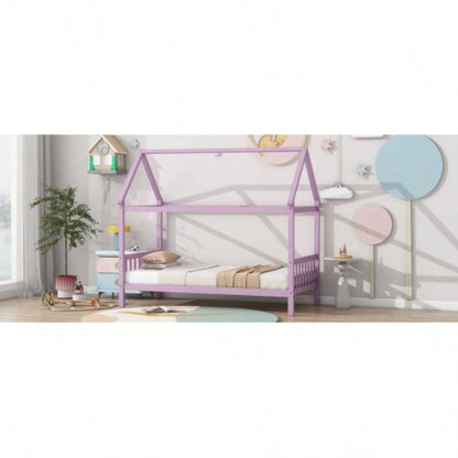 Twin House Bed with Headboard and Footboard, Twin Rubber Wood Bed with House Frame, Pink