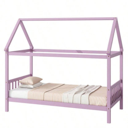 Twin House Bed with Headboard and Footboard, Twin Rubber Wood Bed with House Frame, Pink