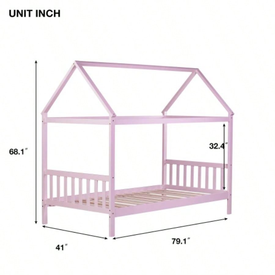 Twin House Bed with Headboard and Footboard, Twin Rubber Wood Bed with House Frame, Pink