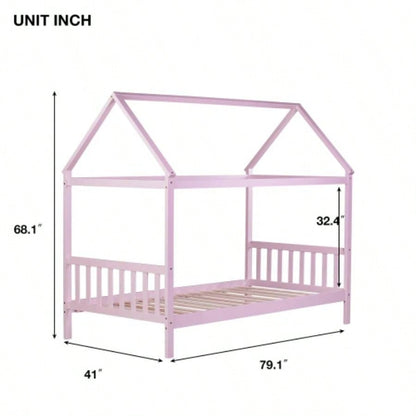 Twin House Bed with Headboard and Footboard, Twin Rubber Wood Bed with House Frame, Pink