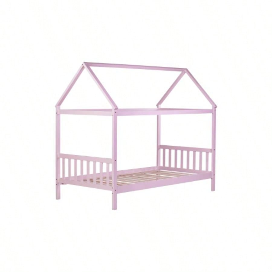 Twin House Bed with Headboard and Footboard, Twin Rubber Wood Bed with House Frame, Pink