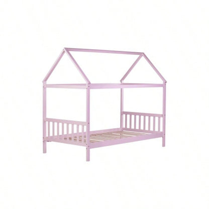 Twin House Bed with Headboard and Footboard, Twin Rubber Wood Bed with House Frame, Pink
