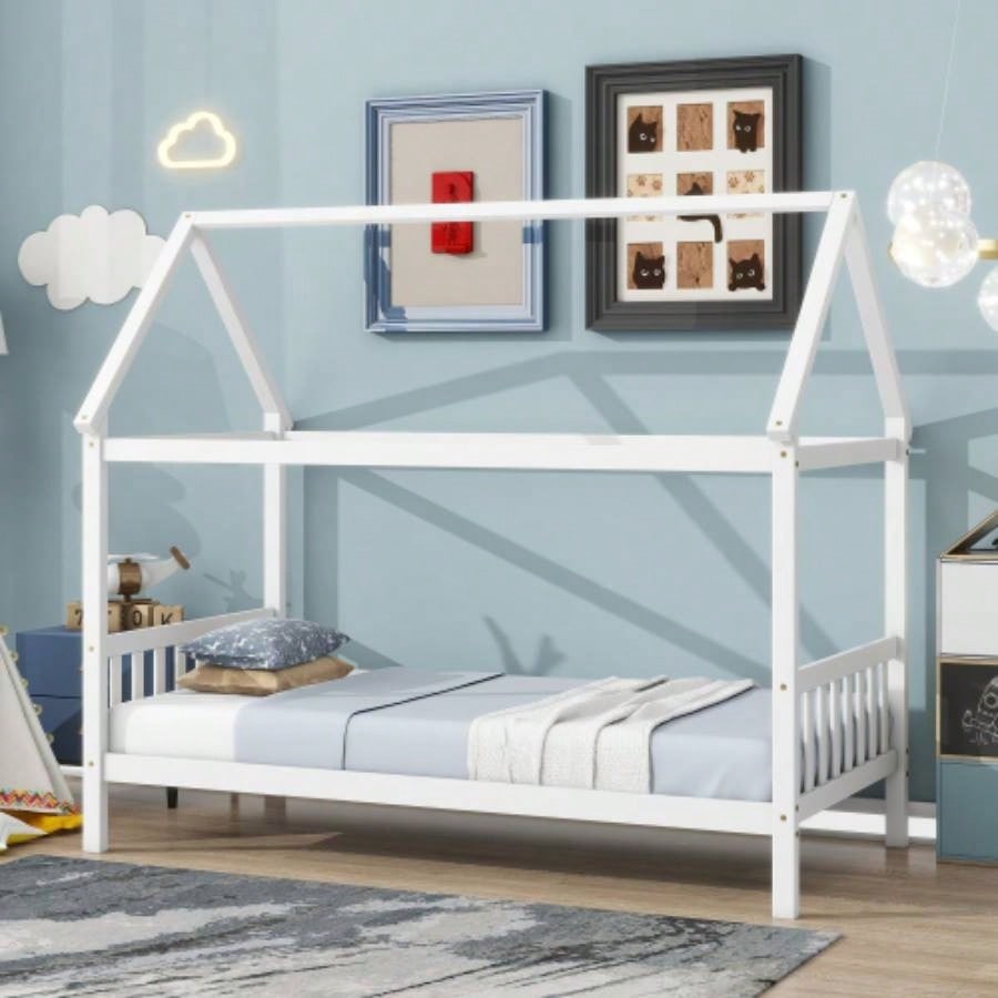 Twin House Bed with Headboard and Footboard, Twin Rubber Wood Bed with House Frame, Pink