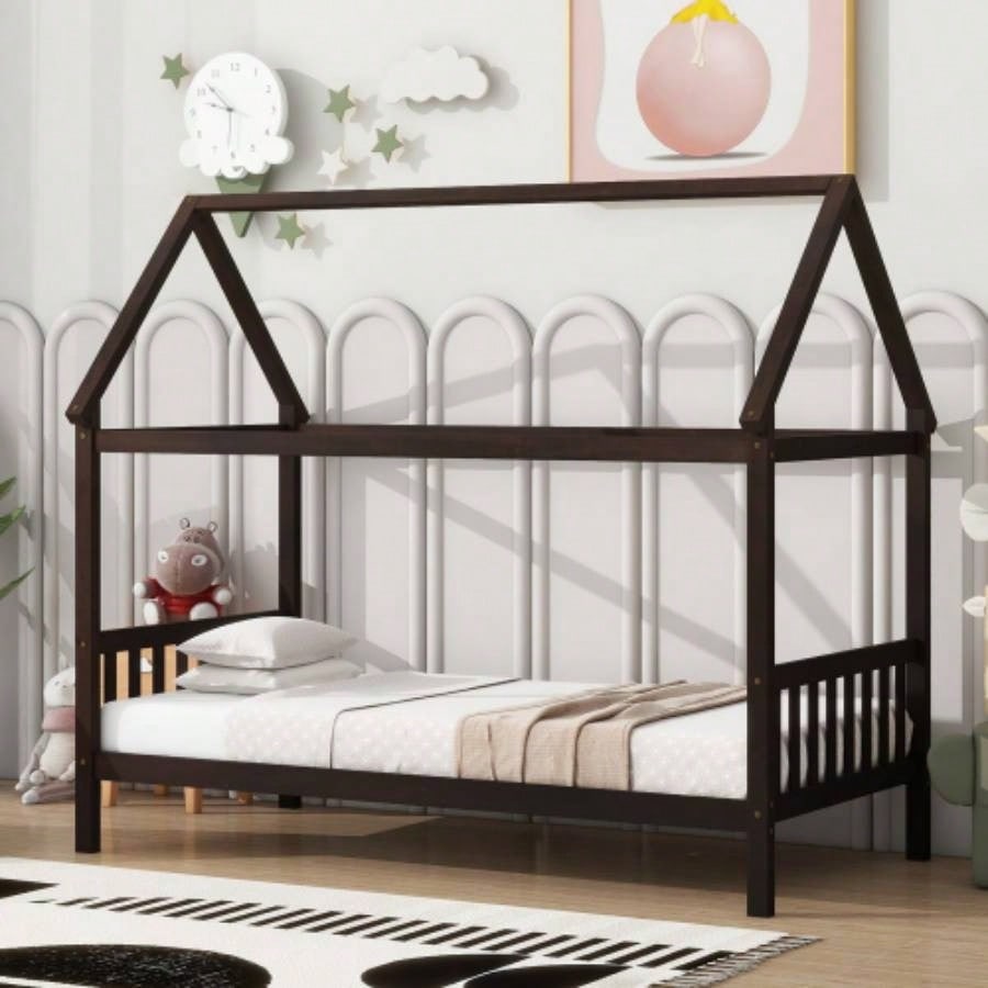 Twin House Bed with Headboard and Footboard, Twin Rubber Wood Bed with House Frame, Pink