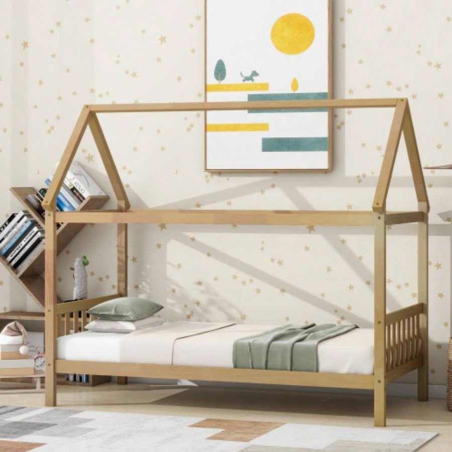 Twin House Bed with Headboard and Footboard, Twin Rubber Wood Bed with House Frame, Pink