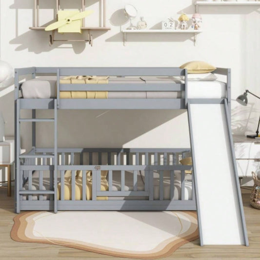 Twin Over Twin Floor Bunk Bed with Slide, Ladder, Door, Safety Guardrails, Solid Pine Wood Bunk Bed,
